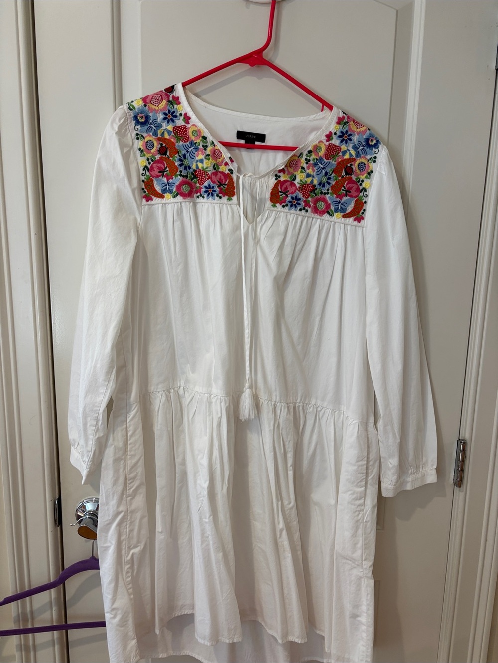 J. Crew White Long-Sleeve Tunic Dress with Multicolor Floral Embroidery